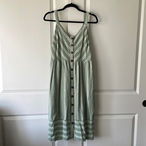 Green Striped Linen Midi Dress With Pockets